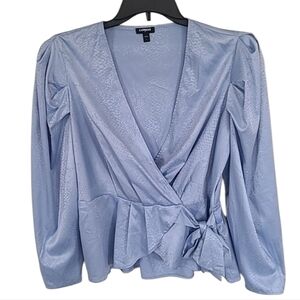 Express Blue Snakeskin Pattern Faux Wrap Style Peplum Blouse
